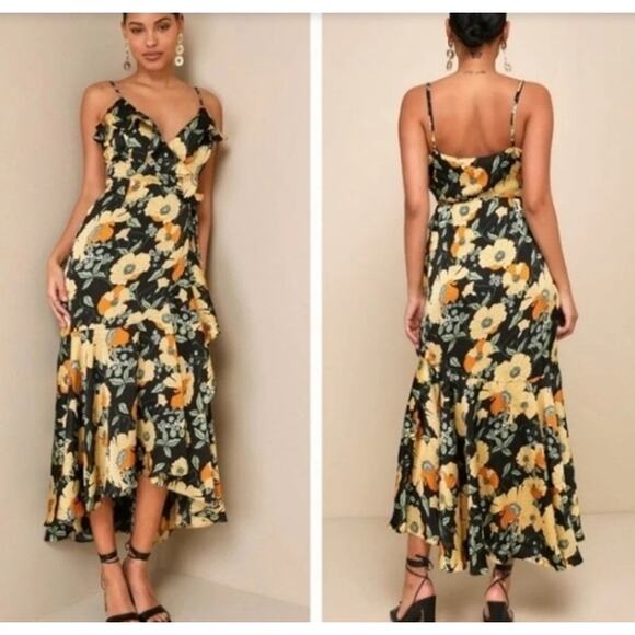 Lulus Dresses & Skirts - Md NWT Lulus Perfectly Curated Black Floral Wrap Dress Ruffle High-Low Maxi Fall